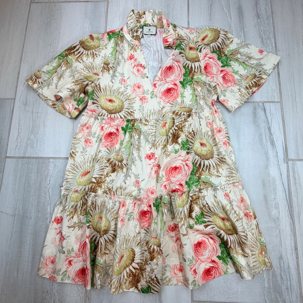 Tuckernuck Floral Tiered Babydoll Mini Dress Pink Green Tan Ruffle Neck Medium